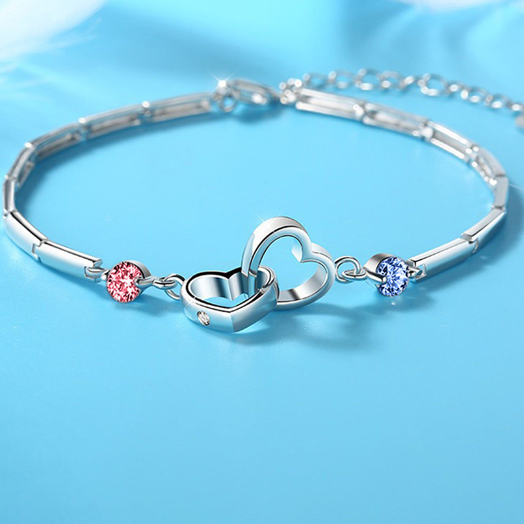 S925 Grandma & Granddaughter Forever Linked Together Birthstone Custom Double Diamond Double Heart Bracelet