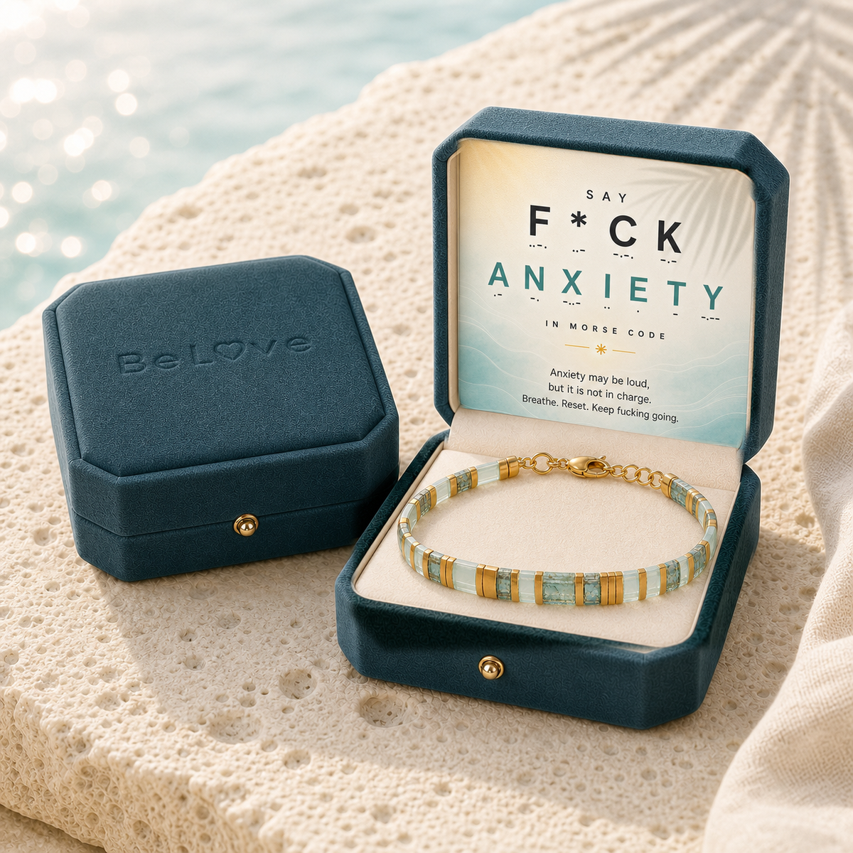 ‘F*ck Anxiety’ Ocean Teal Morse Code Tile Bracelet