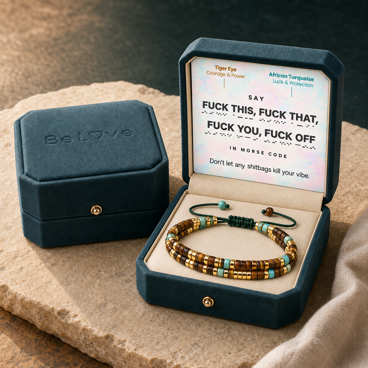 Fuck This Double Layer Morse Code Bracelet with African Turquoise Tiger eye