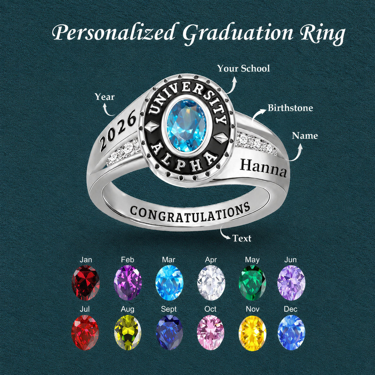Custom Engraved Birthstone Graduation Ring Gifts for Graduates