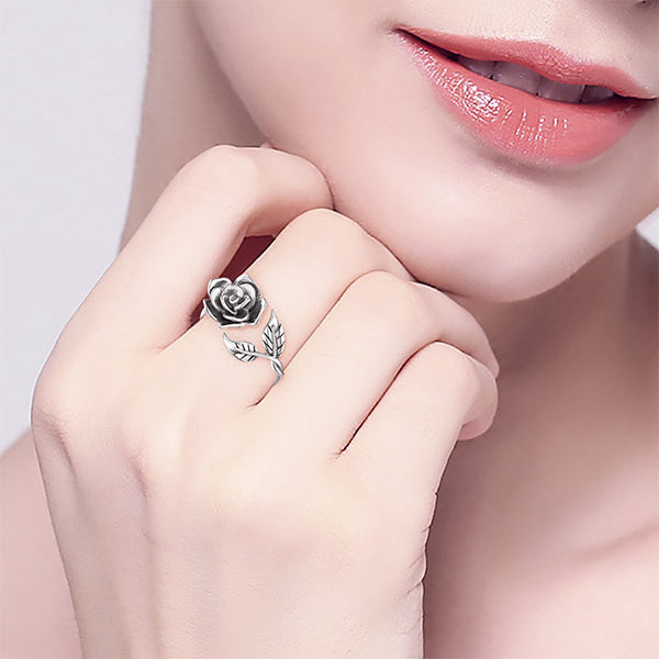 S925 Sterling Silver Adjustable Wrap Open Rose Flower Ring