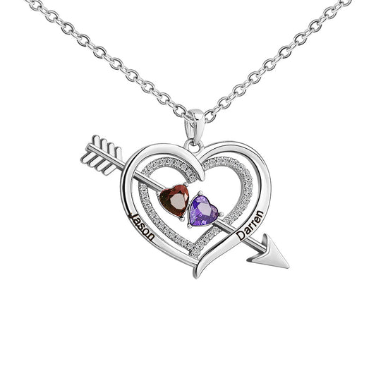 For Love - Custom Name & Birthstones Cupid Arrow Heart Necklace