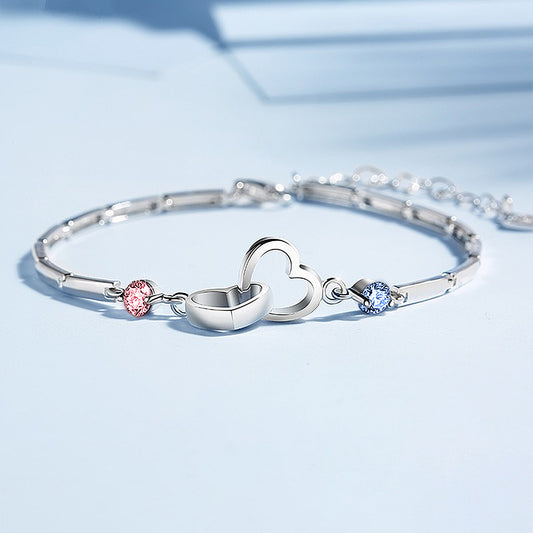 S925 Mother & Daughter Birthstone Custom Double Diamond Double Heart Bracelet