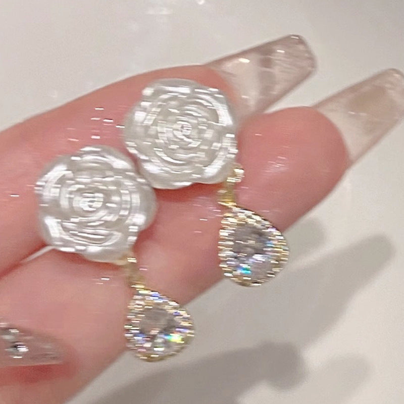 🌸White Camellia Diamond Earrings