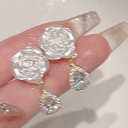 🌸White Camellia Diamond Earrings