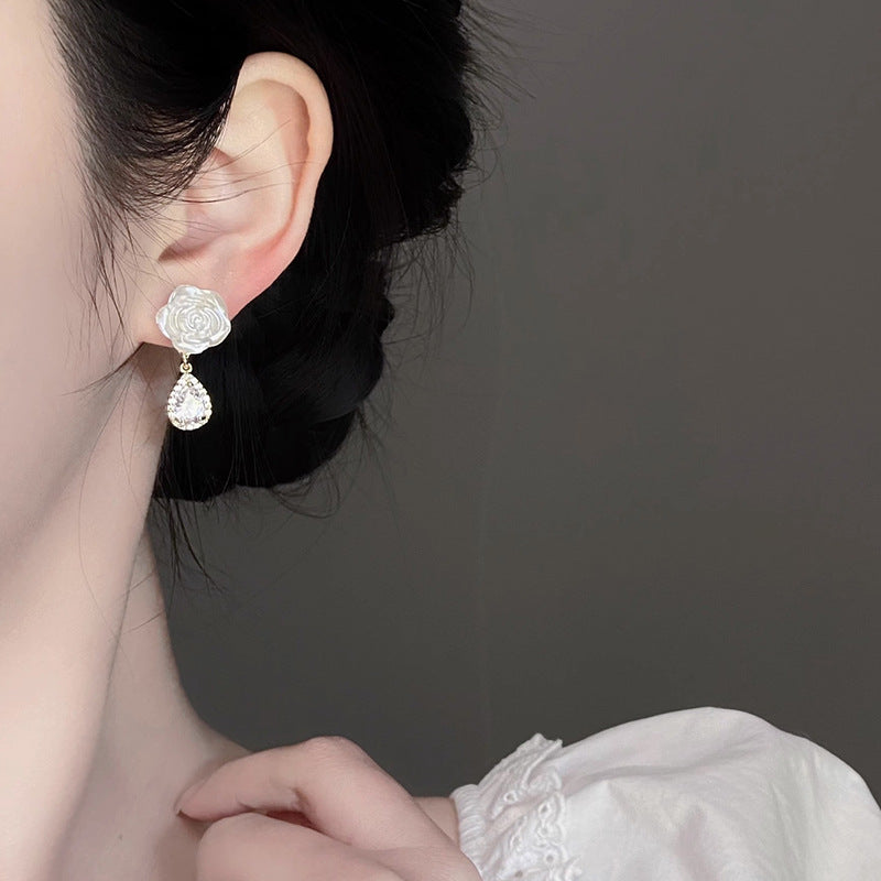 🌸White Camellia Diamond Earrings