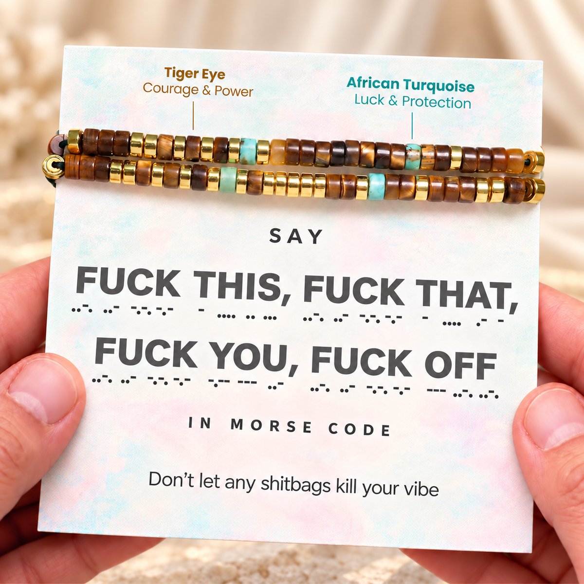 Fuck This Double Layer Morse Code Bracelet with African Turquoise Tiger eye