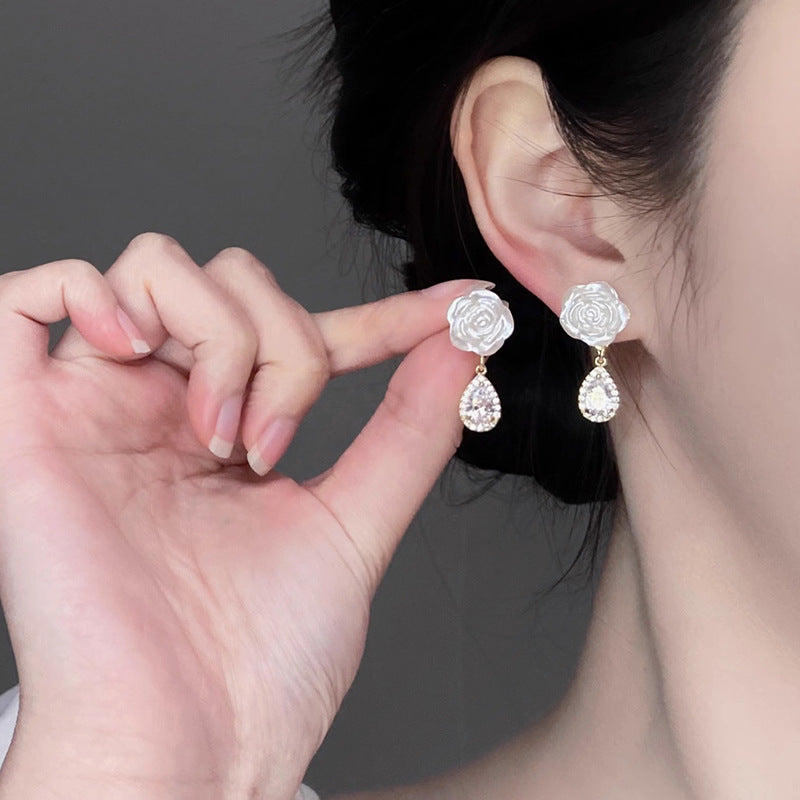 🌸White Camellia Diamond Earrings