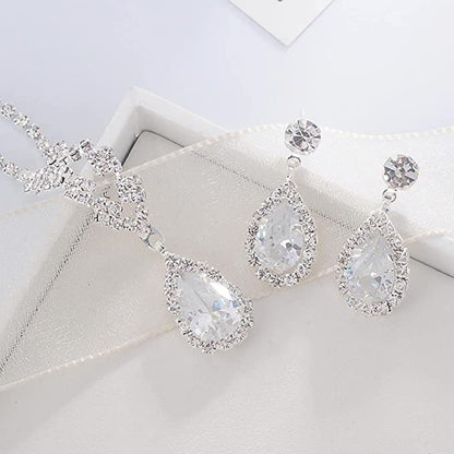 Crystal Wedding Water Drop Pendant Necklace and Earrings Set