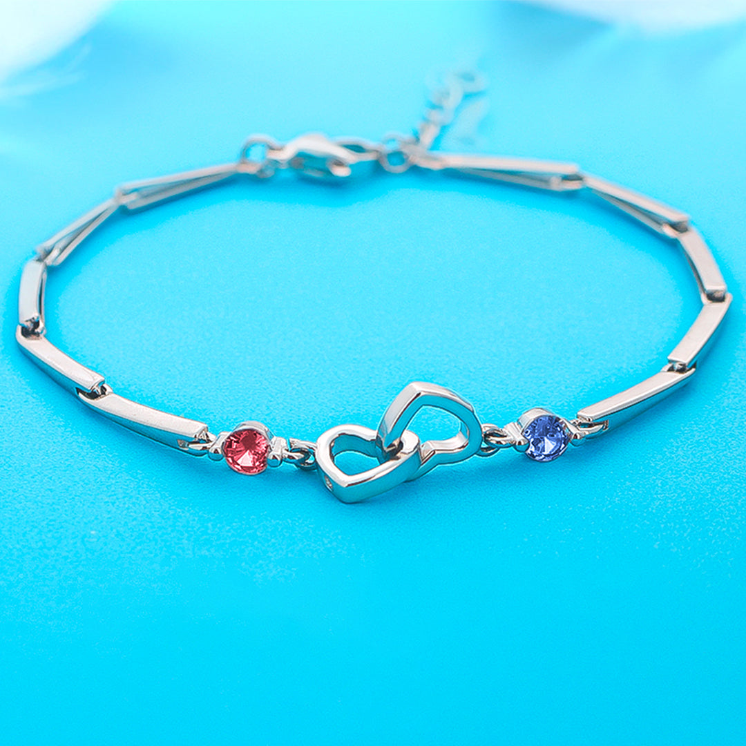 S925 Mother & Daughter Birthstone Custom Double Diamond Double Heart Bracelet