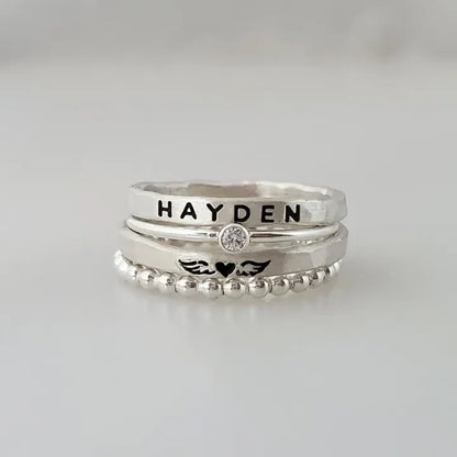 FOR MEMORIAL- ANGEL WINGS CUSTOM BIRTHSTONE&NAME STACKED RING