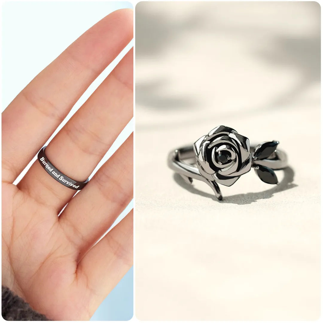 BURNED AND SURVIVED ENGRAVED BLACK ROSE RING