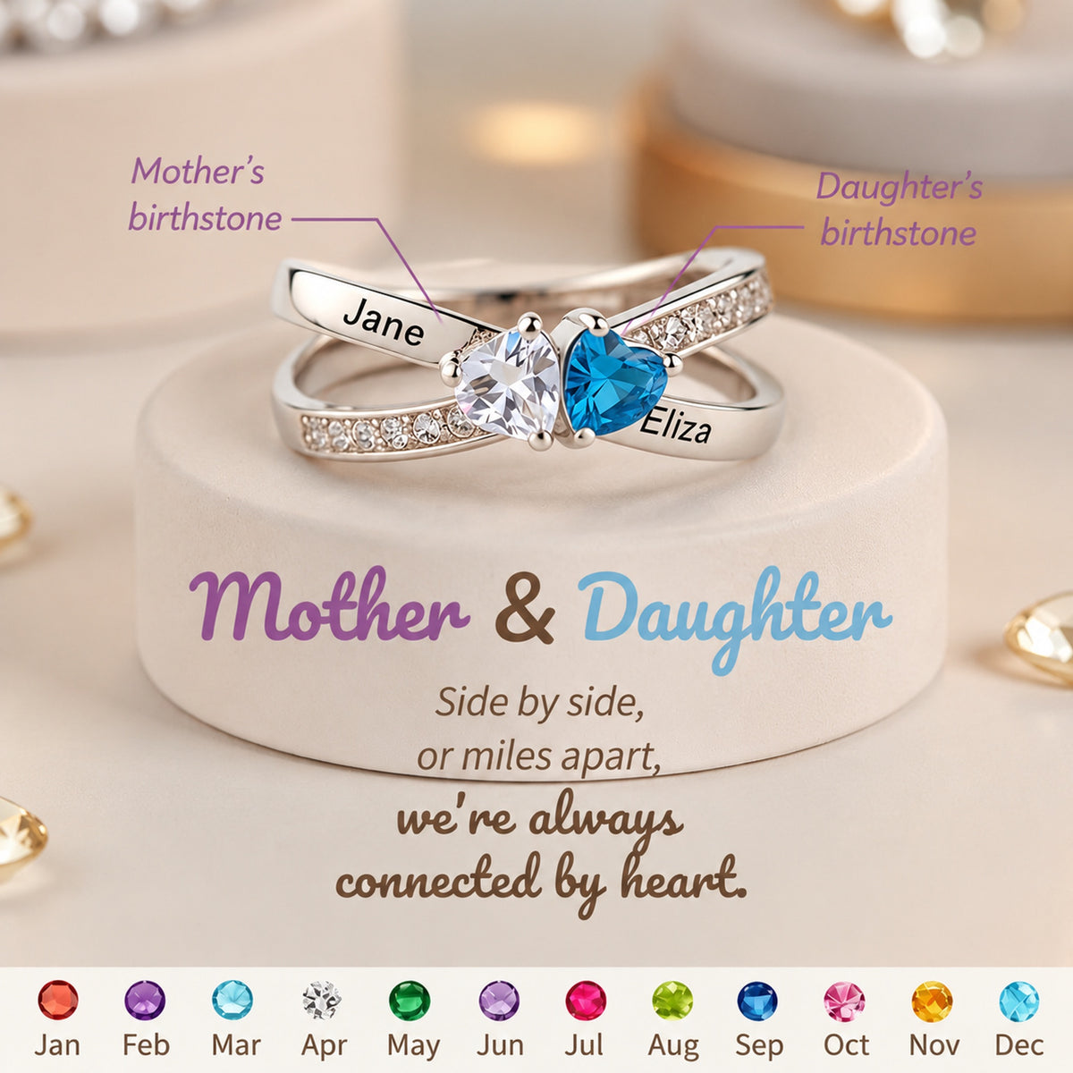 Mother&Daughter Custom Double Heart Birthstone&Name Ring