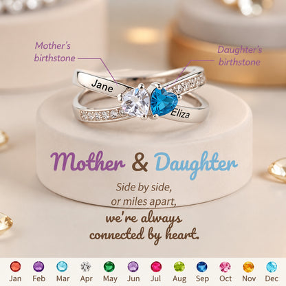 Mother&Daughter Custom Double Heart Birthstone&Name Ring