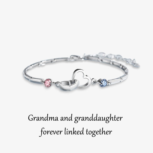 S925 Grandma & Granddaughter Forever Linked Together Birthstone Custom Double Diamond Double Heart Bracelet