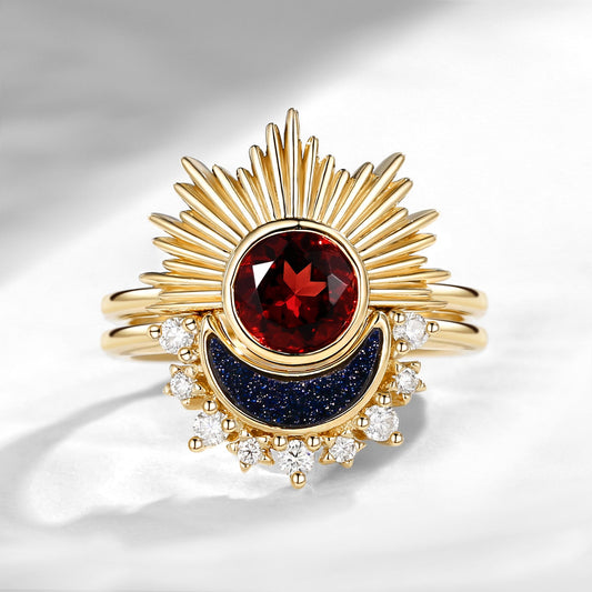 Retro Sun & Moon Engagement Ring Set 2pcs