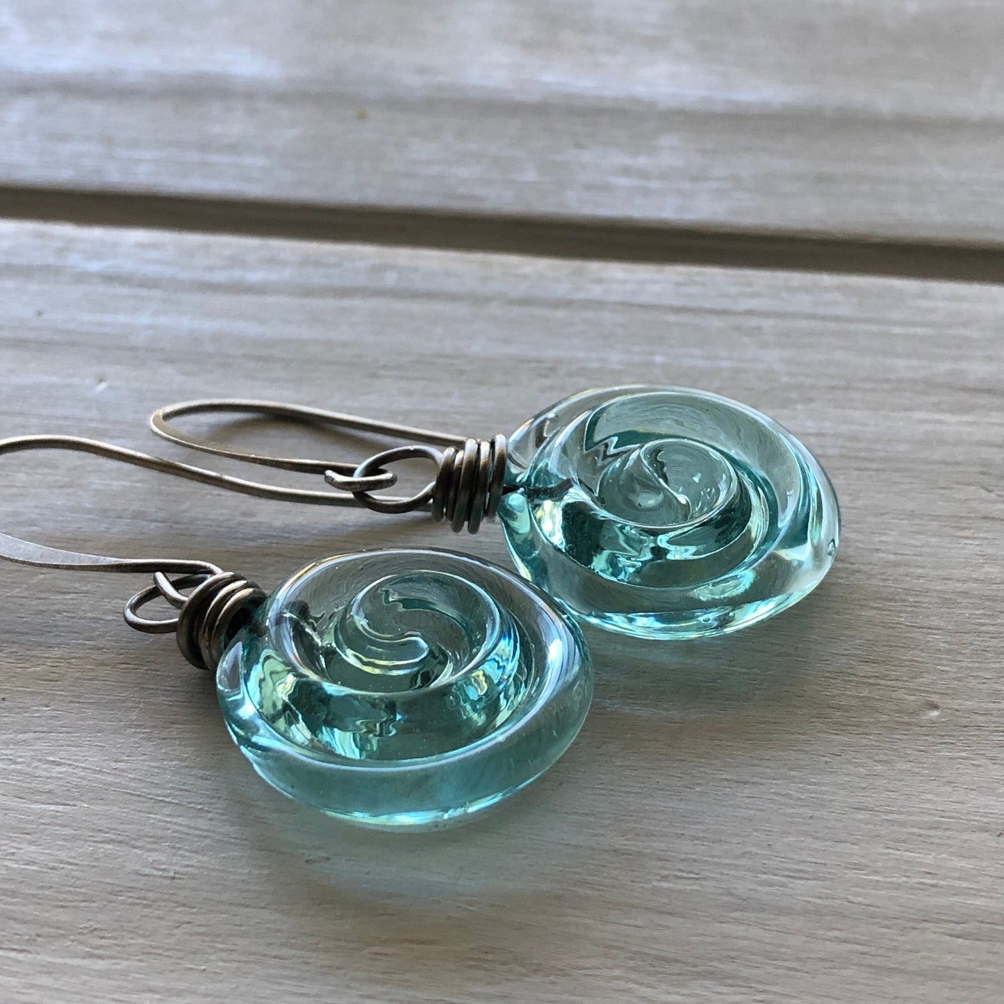 Recycled Glass Spiral Earrings: Upcycled Mason Jar Dangles