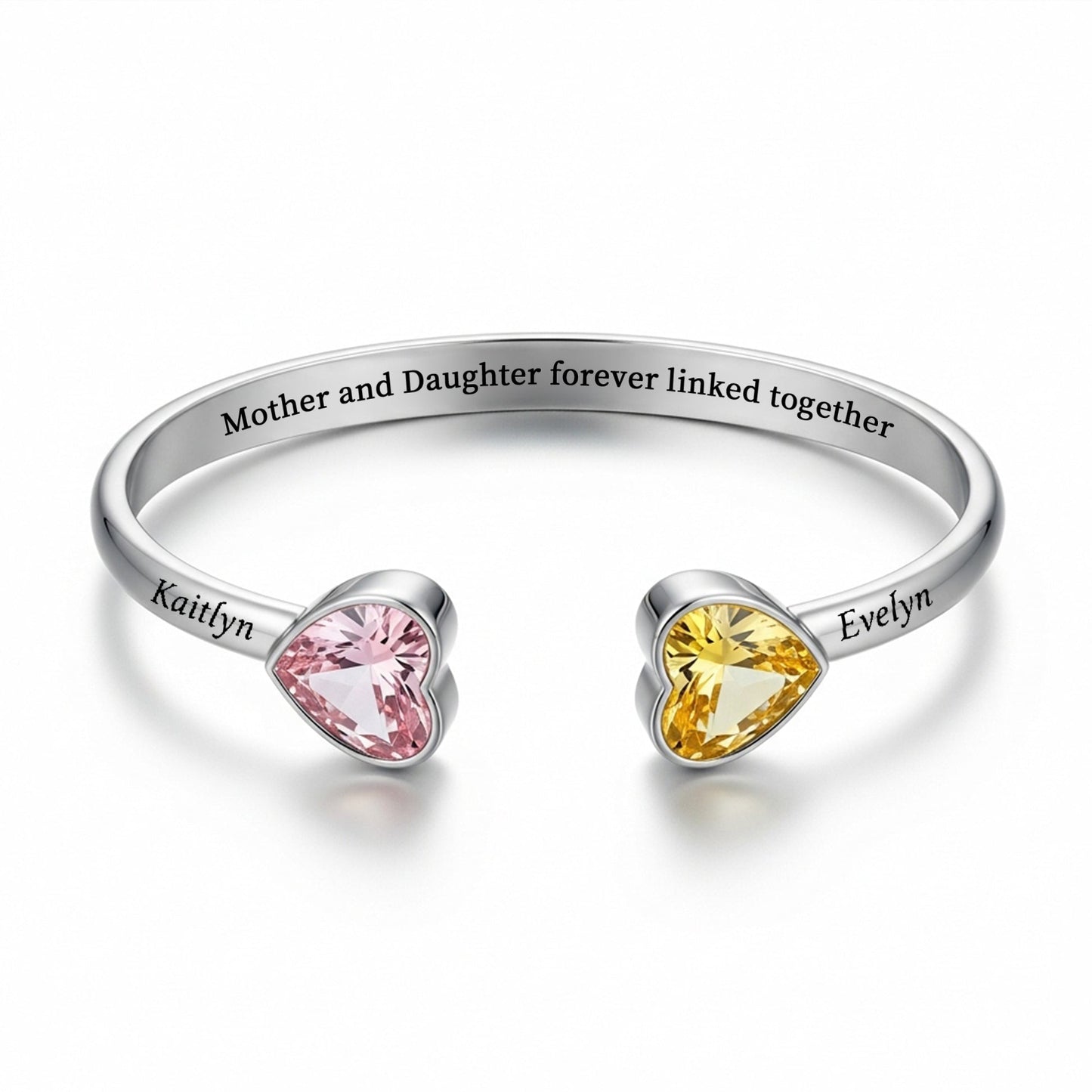 Mother And Daughter Double Heart Custom Birthstone&Name Bracelet