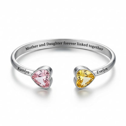 Mother And Daughter Double Heart Custom Birthstone&Name Bracelet
