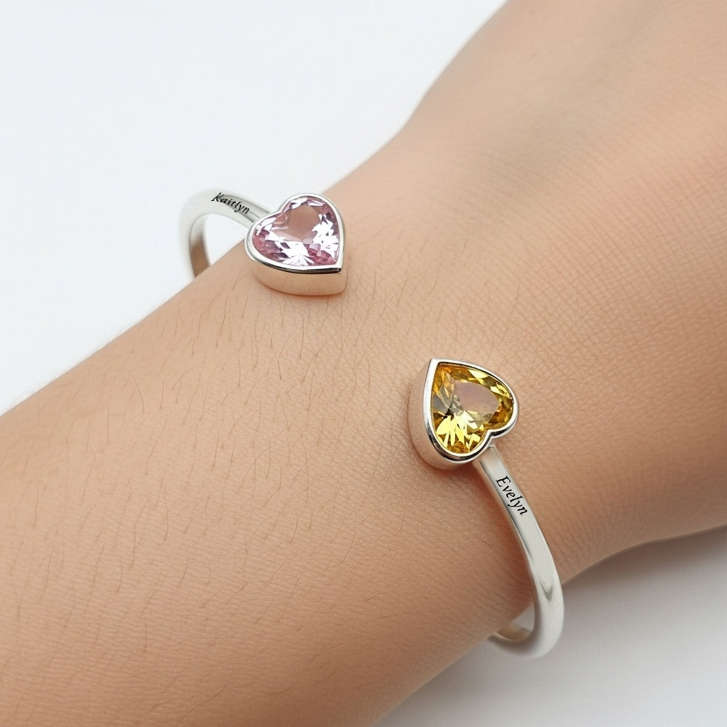 GRANDMOTHER AND GRANDDAUGHTER DOUBLE HEART CUSTOM BIRTHSTONE&NAME BRACELET