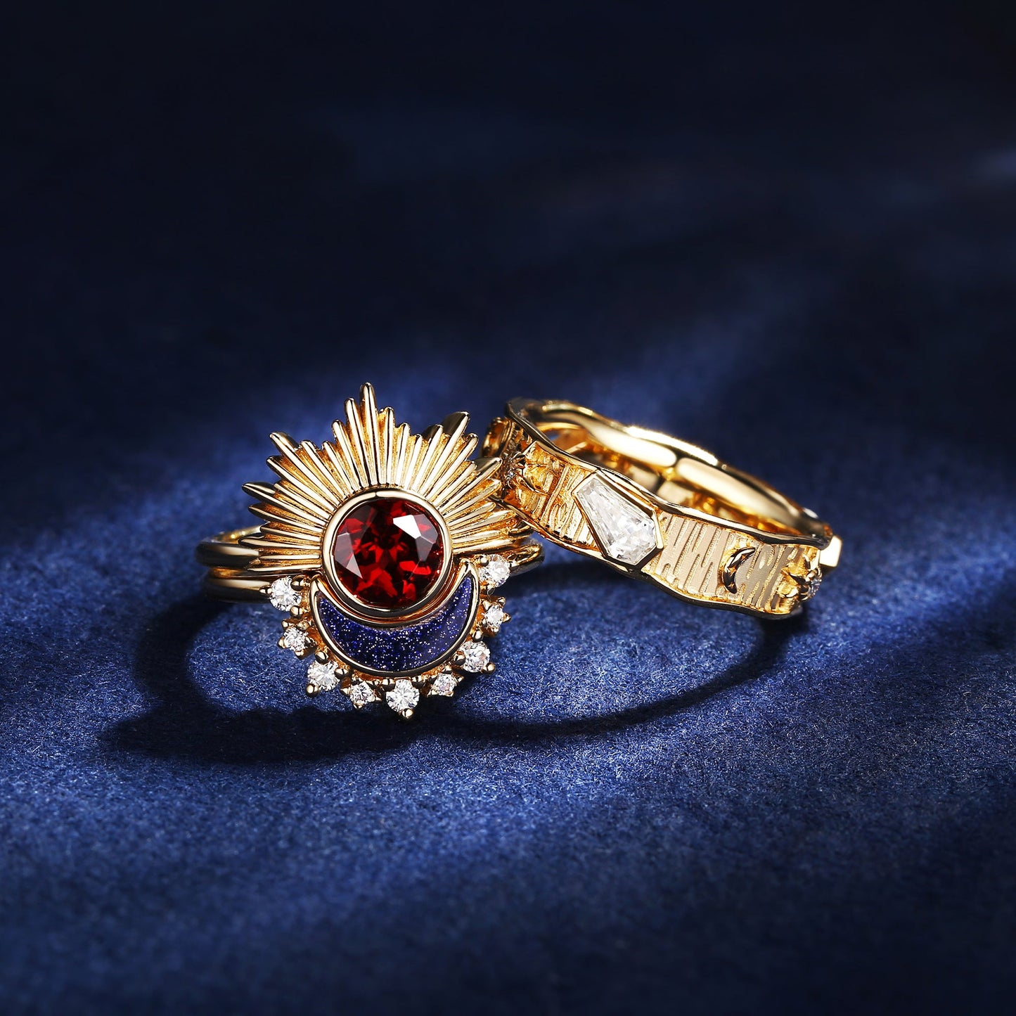 Retro Sun & Moon Engagement Ring Set 2pcs