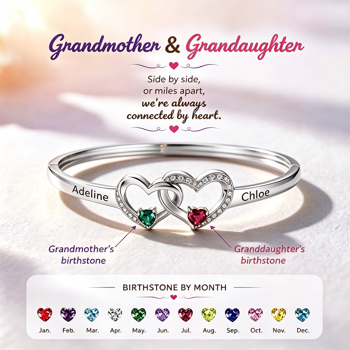 Personalized Grandmother And Granddaughter Double Heart Birthstone&Name Bracelet