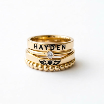 FOR MEMORIAL- ANGEL WINGS CUSTOM BIRTHSTONE&NAME STACKED RING
