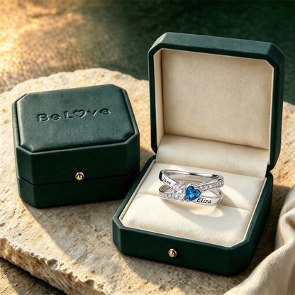 Mother&Daughter Custom Double Heart Birthstone&Name Ring