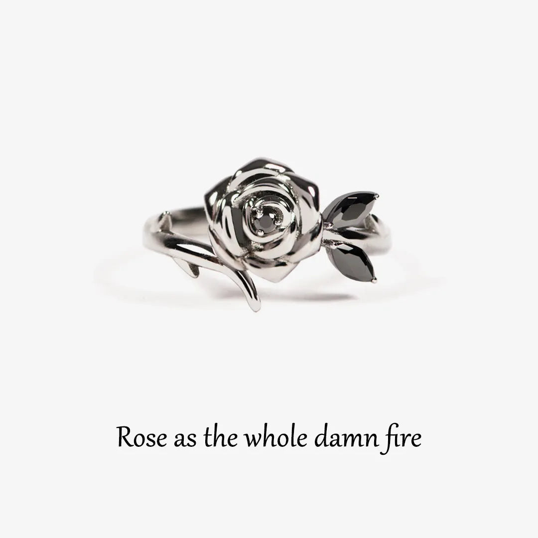 BURNED AND SURVIVED ENGRAVED BLACK ROSE RING
