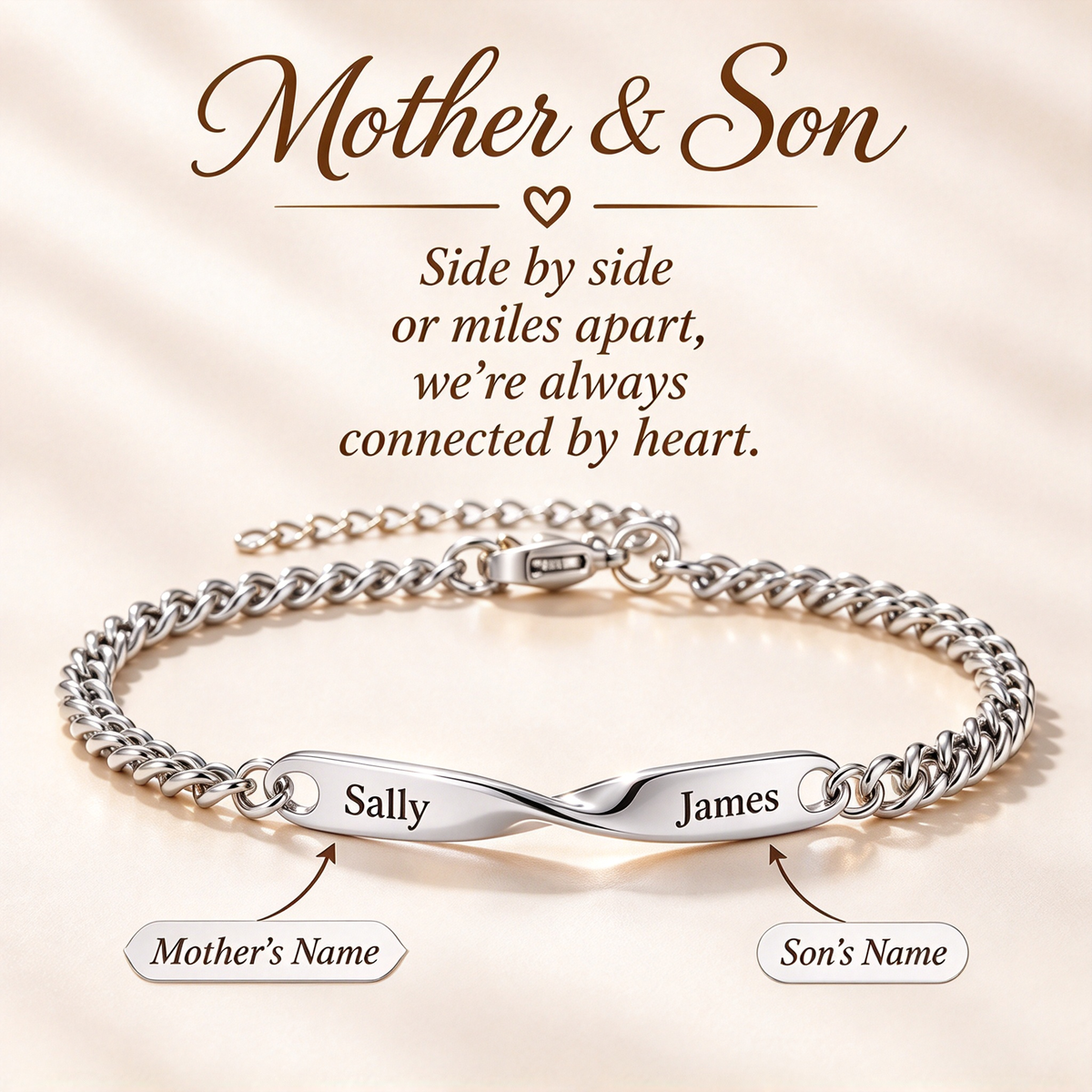 Mother And Son Connected By Heart Custom Name Bracelet