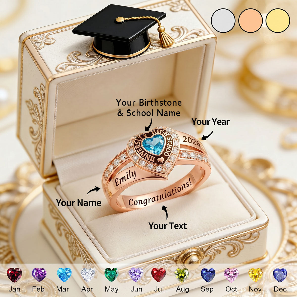 Personalized Engraved Birthstone Graduation Ring - Gifts for Graduates