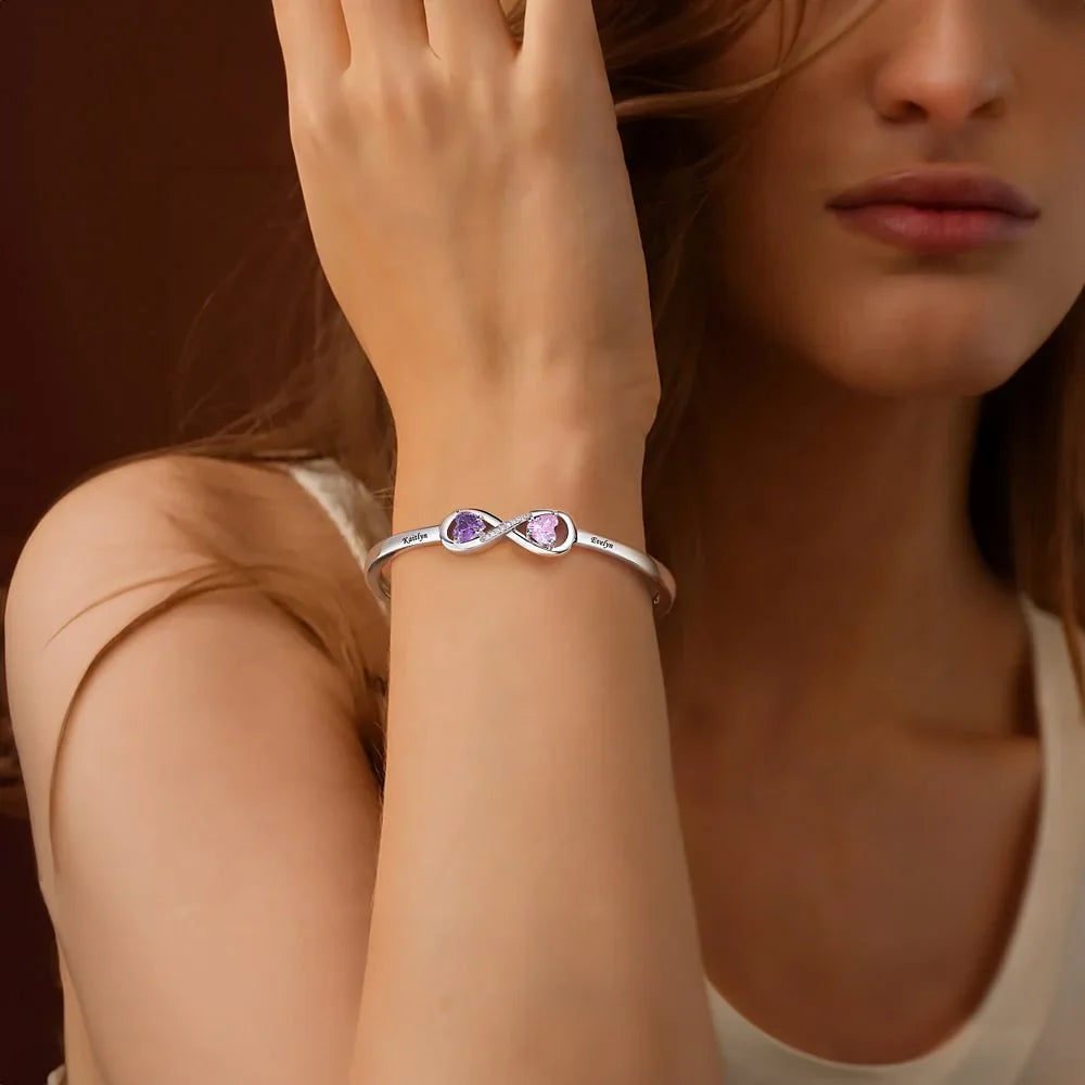 Personalized Infinity Double Heart Birthstones Cuff Bracelet with Engraved Name