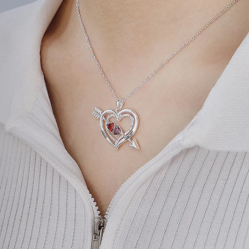 For Love - Custom Name & Birthstones Cupid Arrow Heart Necklace