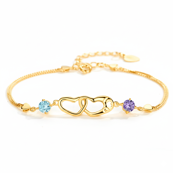 Mother And Daughter Birthstone Custom Double Diamond & Heart Bracelet
