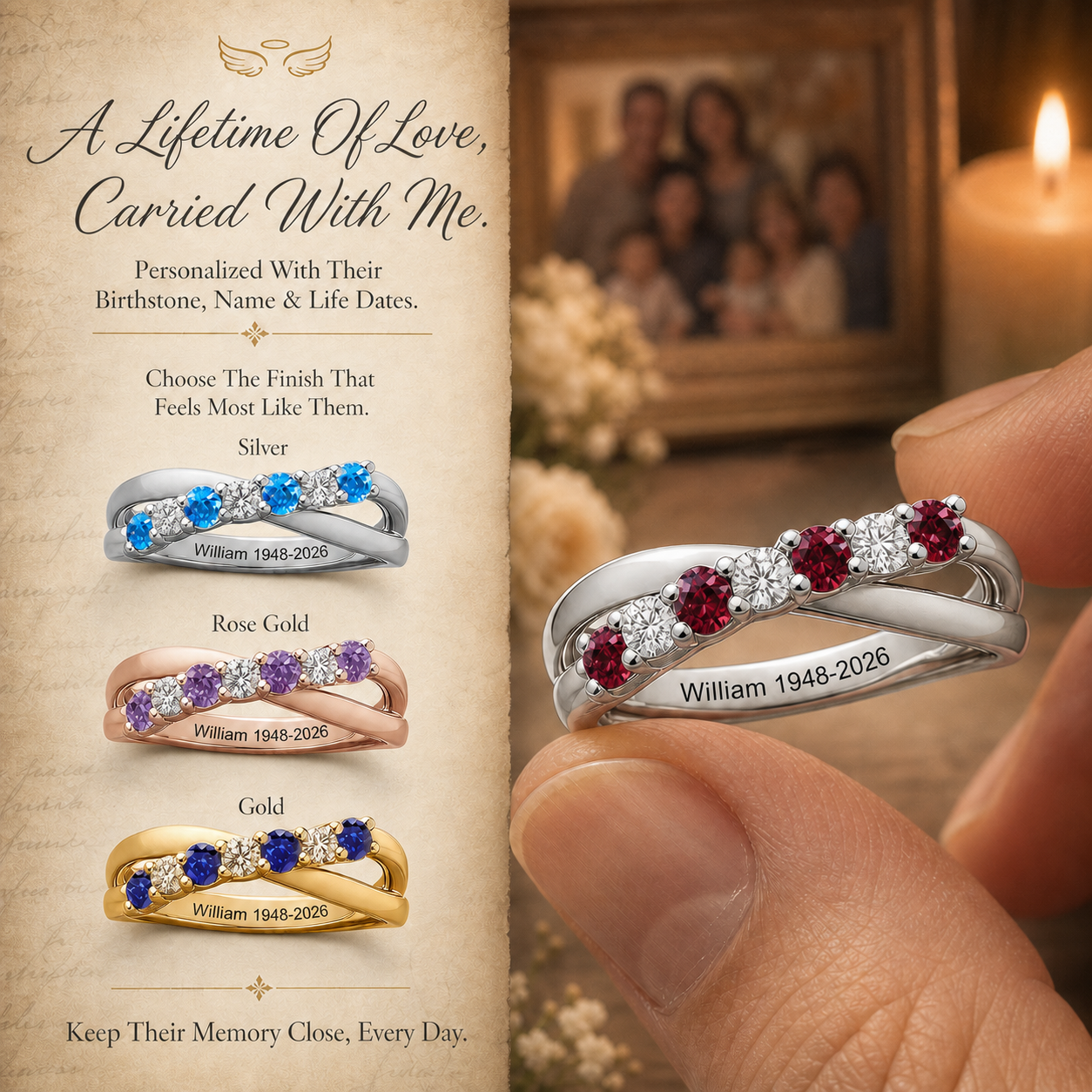 Always In My Heart, Personalized Memorial Birthstone Ring, Sympathy Gift