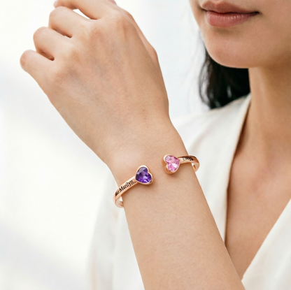 GRANDMOTHER AND GRANDDAUGHTER DOUBLE HEART CUSTOM BIRTHSTONE&NAME BRACELET