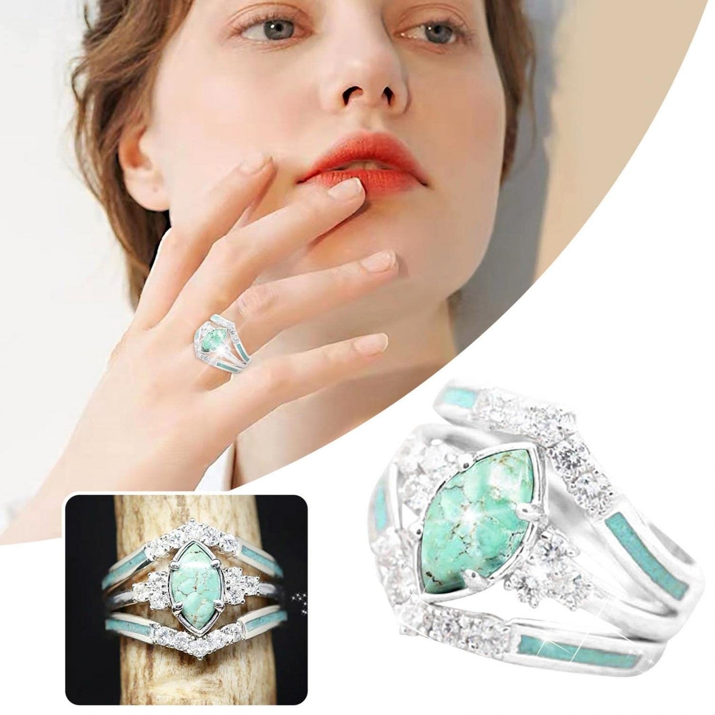 🔥Summer Hot Sale🌊	Turquoise Creative 3-Piece Ring