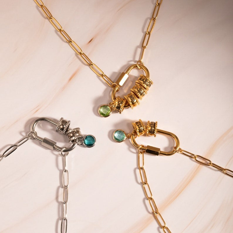 Carabiner Personalized Name Birthstone Necklace