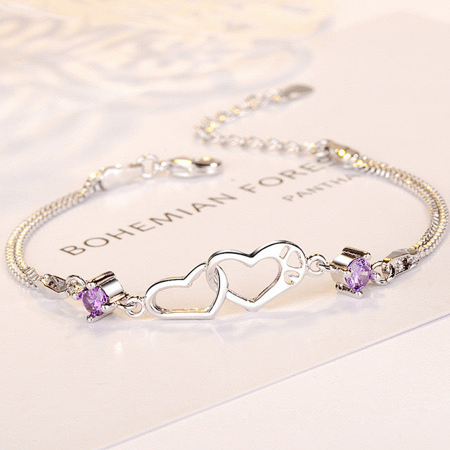 Mother And Daughter Birthstone Custom Double Diamond & Heart Bracelet