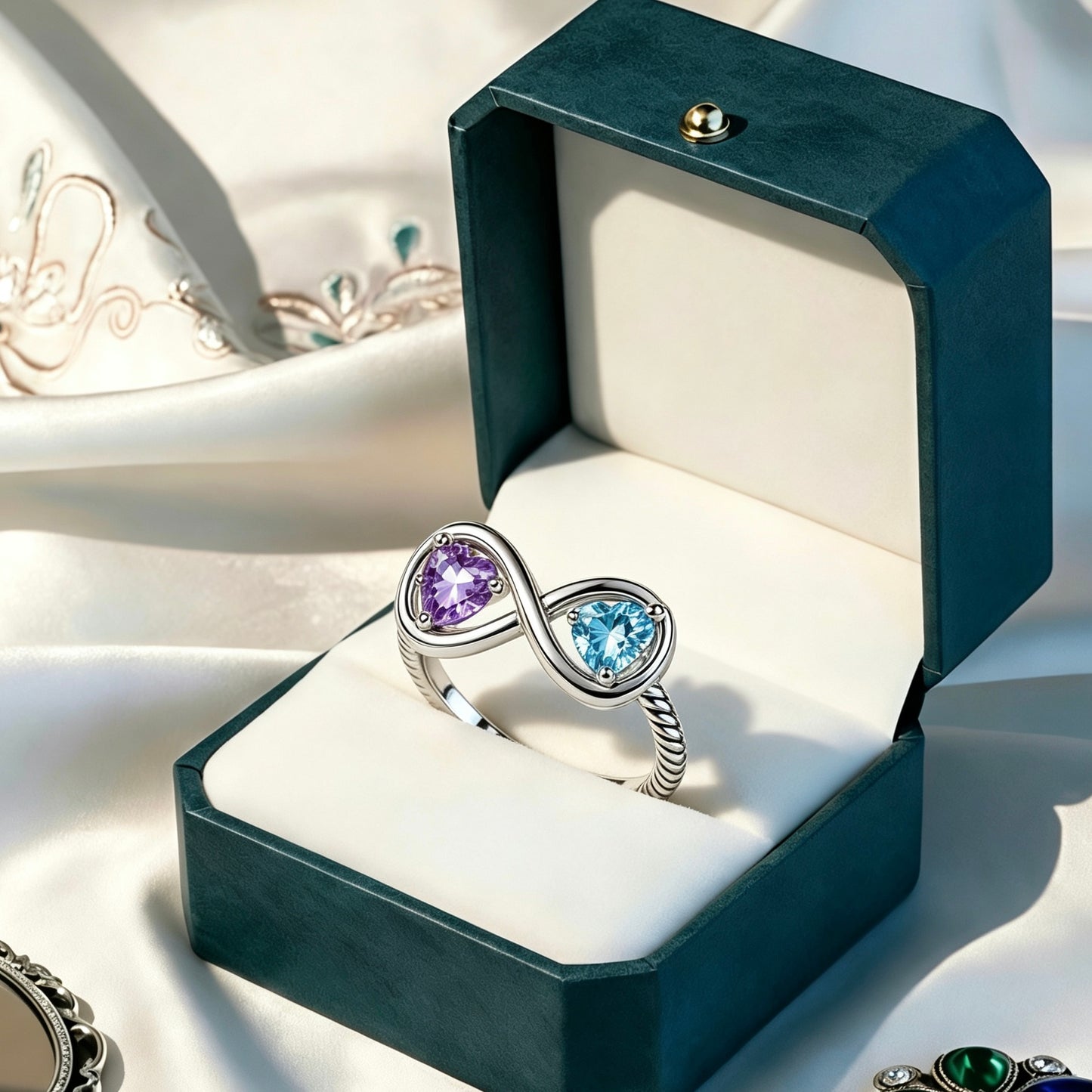 Mother&Daughter Connected By Heart Double Birthstones Infinity Ring