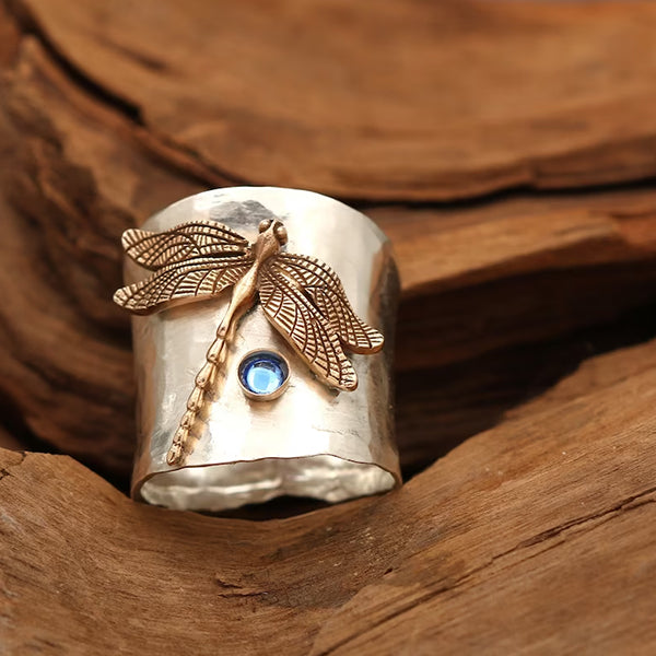 925 Sterling Silver Bohemian Dragonfly Sapphire Ring