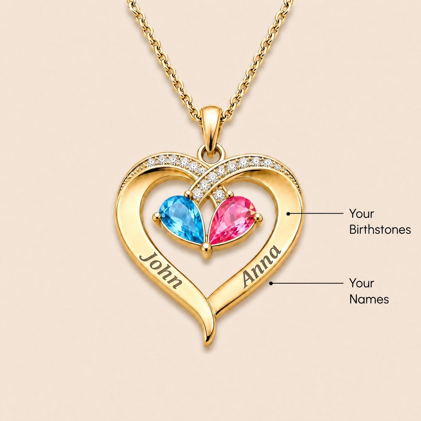 To My Love – Custom Double Birthstones&Name Heart Necklace