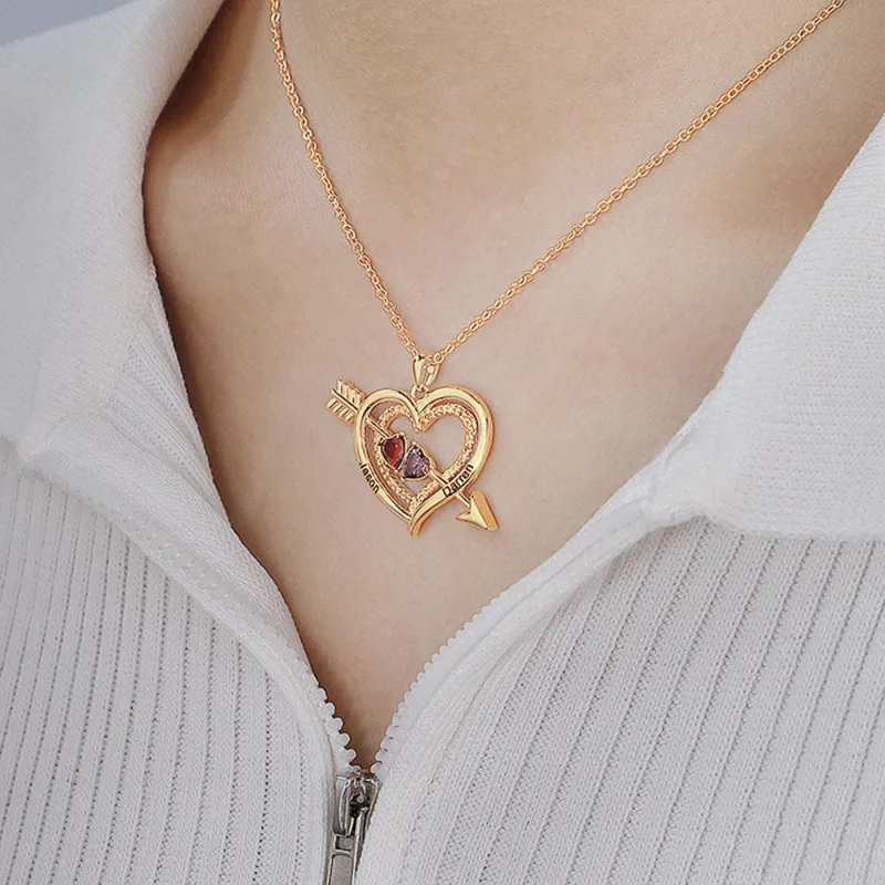 For Love - Custom Name & Birthstones Cupid Arrow Heart Necklace