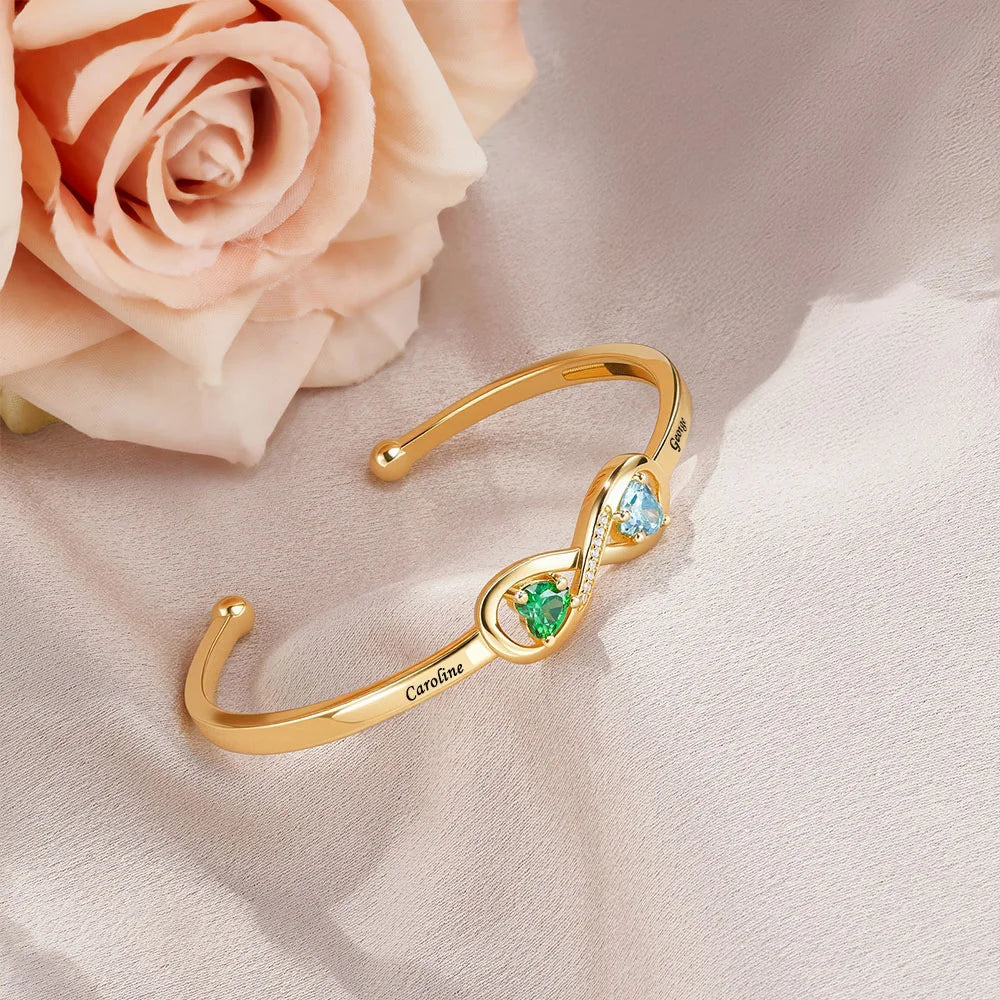 Personalized Infinity Double Heart Birthstones Cuff Bracelet with Engraved Name