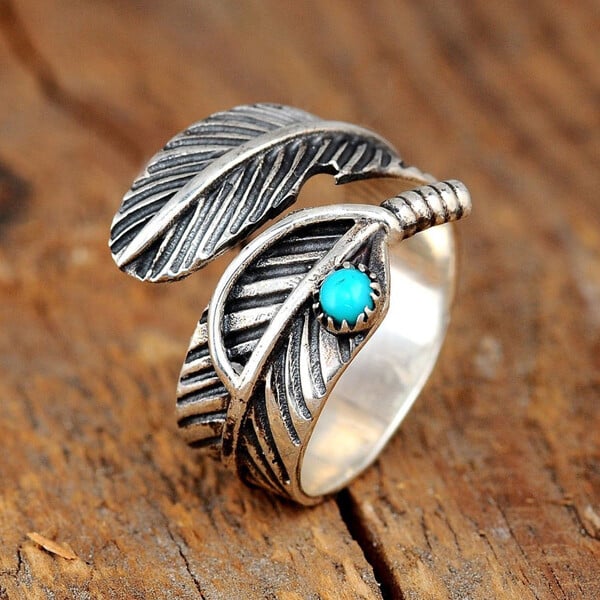 FOR MEMORIAL- YOUR GUARDIAN ANGEL WATCHING AND PROTECTING FEATHER TURQUOISE RING