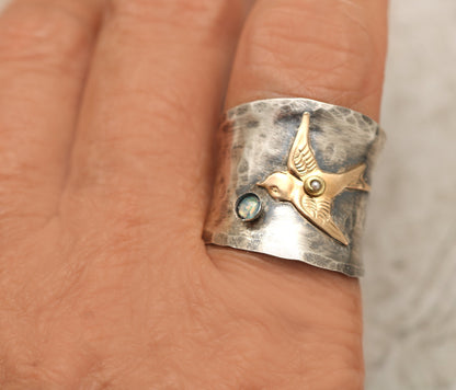 Sterling Silver Wide Band Ring, Bird Ring For Woman Unique