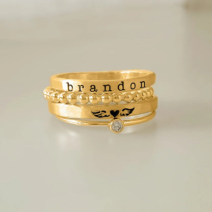 FOR MEMORIAL- ANGEL WINGS CUSTOM BIRTHSTONE&NAME STACKED RING