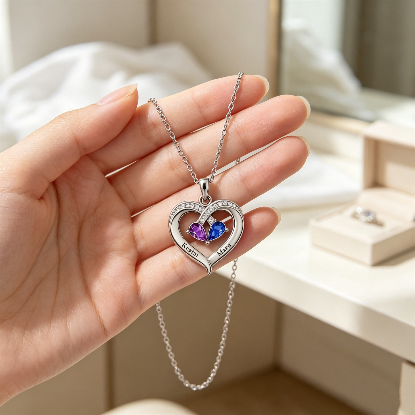 Mother And Daughter Custom Double Birthstones&Name Heart Necklace
