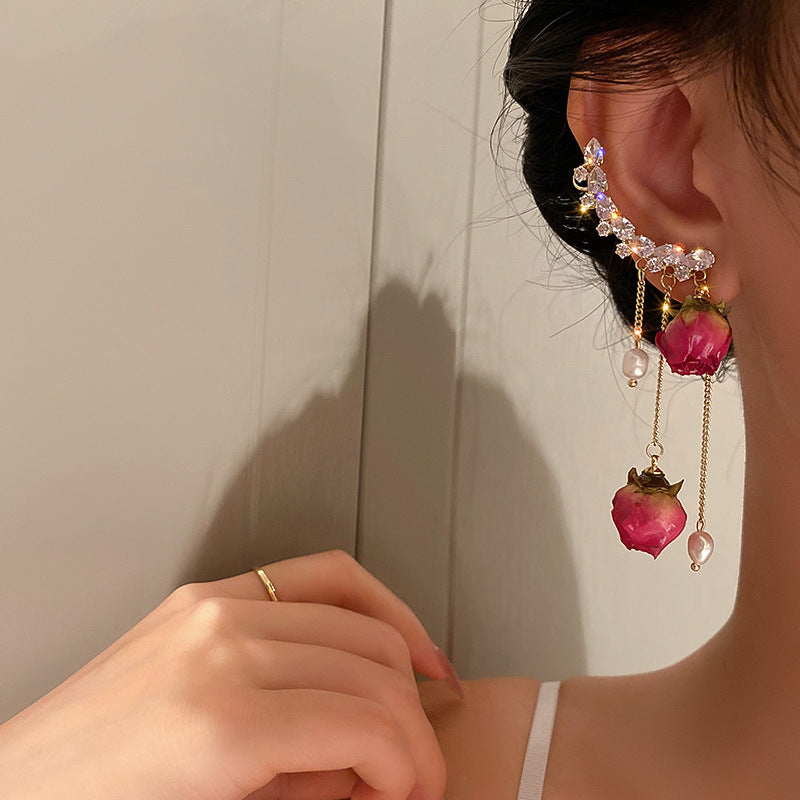 Rhinestone Pearl Dried Rose Flower Earrings