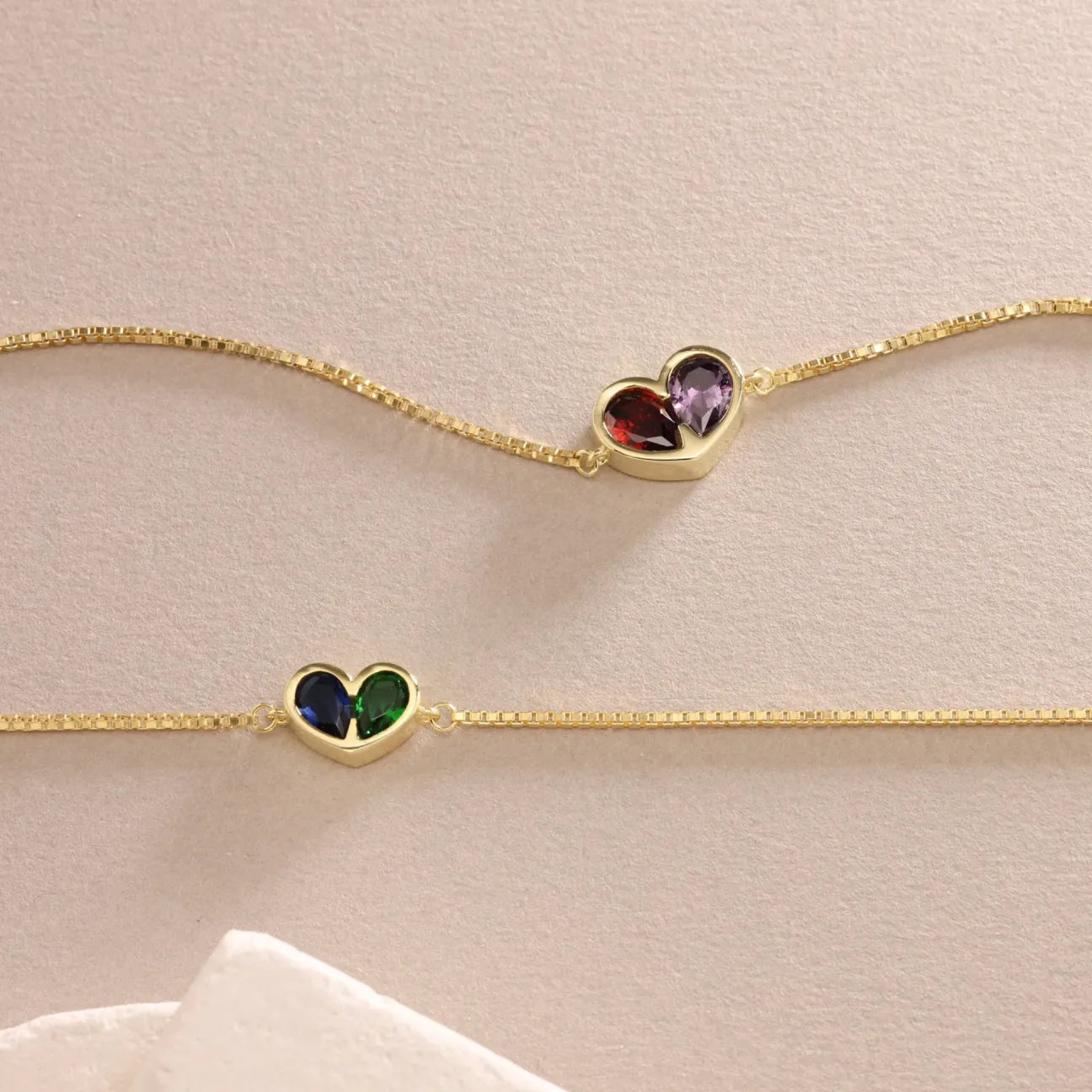 FOR UNBIOLOGICAL DAUGHTER - FOREVER LINKED TOGETHER CUSTOM HEART BIRTHSTONES BRACELET